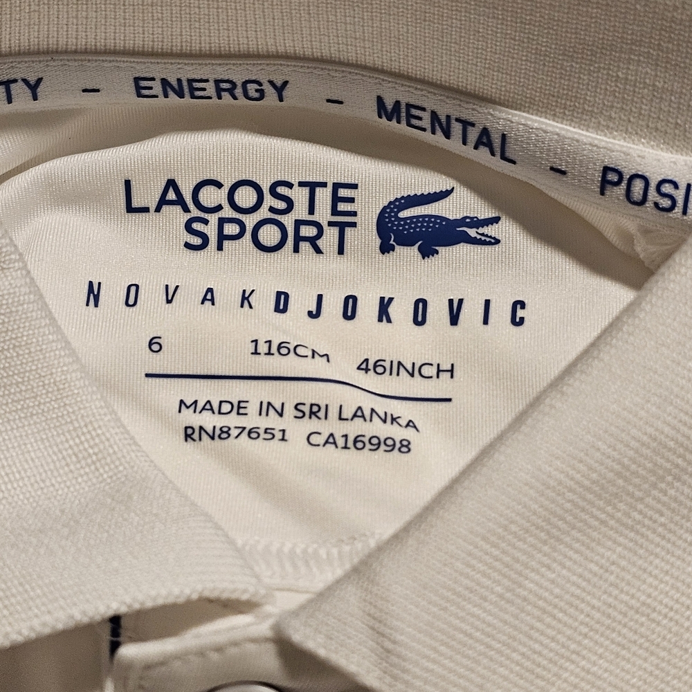 Lacoste Novak Djokovik Performance Polo Shirt Tennis White Blue Boy's Size 6 EUC - Picture 5 of 8